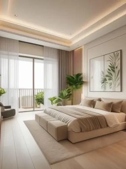 We designed this bedroom to feel bright and connected to nature, with large windows opening to a balcony. The light wood floors, neutral tones, and abundant indoor plants create a fresh and airy sanctuary.