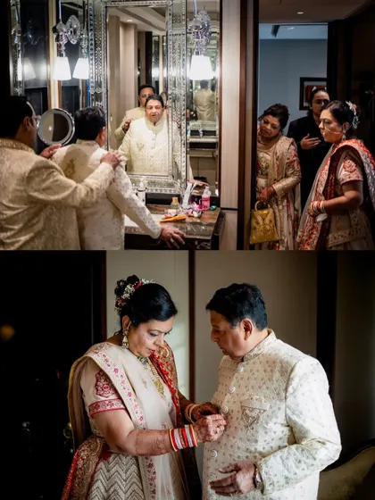 A collage of the couple getting ready together for their 50th-anniversary celebration, helping each other with the final touches.