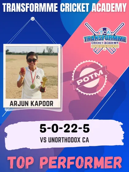 Arjun Kapoor was named Player of the Match for his exceptional 5-wicket haul in the U-12 one-day tournament.