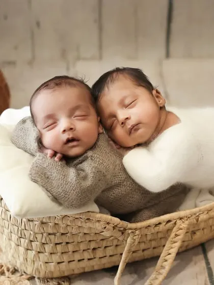 Better together. This image of newborn twins snuggled up in a basket shows the deep connection they already share. I focus on creating poses that are both safe and beautiful, especially for twins.