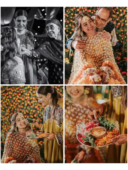 A collage of heartfelt moments from a Kashmiri Mehendi ceremony, showing family blessings and the bride's joyful expressions.