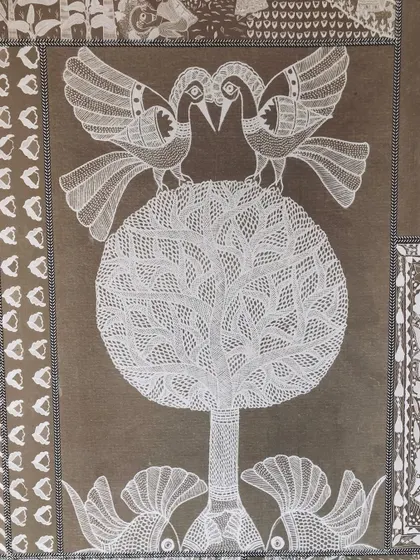 A close-up of the folk art wallpaper, showing a pair of birds on a tree. The detail in the line work is incredible, and my job is to make sure it looks like a single piece of art.