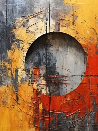 This rustic abstract painting combines textured layers of grey, yellow, and red with a central circular motif. It's a powerful piece that blends raw, industrial aesthetics with bold, modern design.