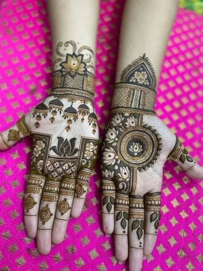 A duplicate of image 12, this design perfectly balances a geometric mandala on one hand with elegant hanging jhumkis on the other, unified by lotus details.