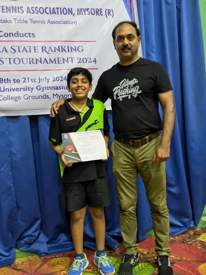 We are delighted to see our player Shriram with Coach Krunal Telang after winning the gold medal in the U-13 category at the Mysore state ranking tournament.