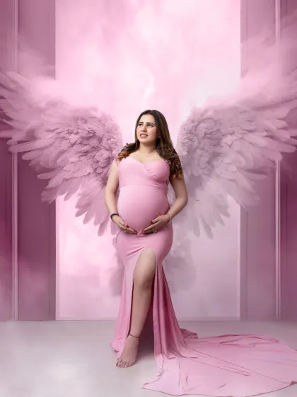 An angel in pink. This creative portrait combines our popular angel wings prop with a soft pink color scheme for a sweet and heavenly look.