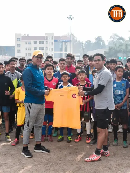My Head Coach, Manoj Joshi, felicitating an official from the Dehradun Football Association during our trials. I believe in building strong relationships within the football community.