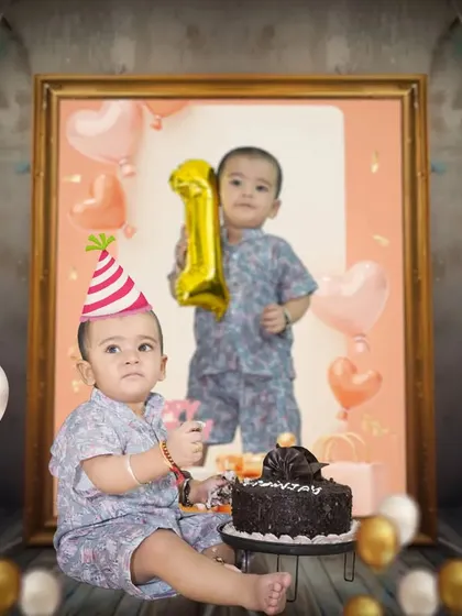 A creative composite image for a first birthday, combining a cake smash photo with a framed portrait and digital decorations.