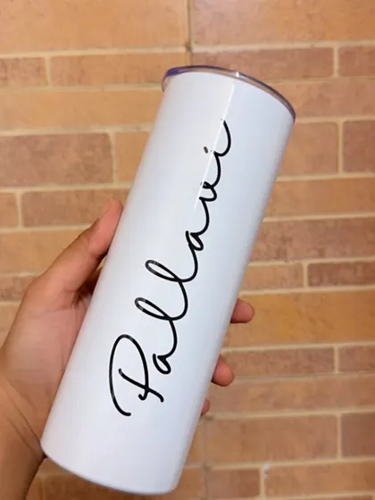 A simple and elegant personalized tumbler with a name in a beautiful script font.