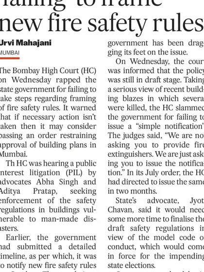 An article from the Times of India covering the Bombay High Court's warning to the state government in our fire safety PIL. The court's intervention was critical in pushing the government to act after years of delay.