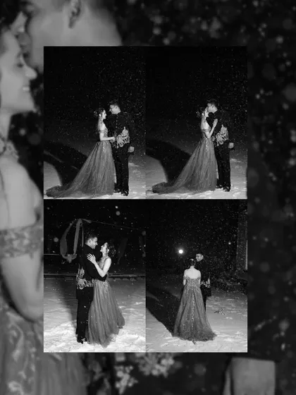 Black and white photos of a couple in the snow, some with an umbrella. This shows how I adapt to the weather to create moody and romantic images.