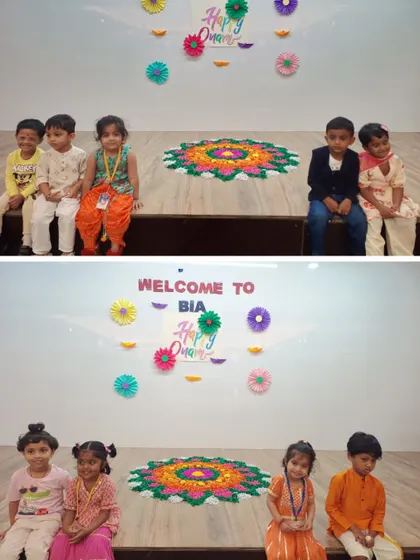 Small groups of our preschool students pose for photos during the Onam festivities, their colorful traditional outfits brightening up the celebration.