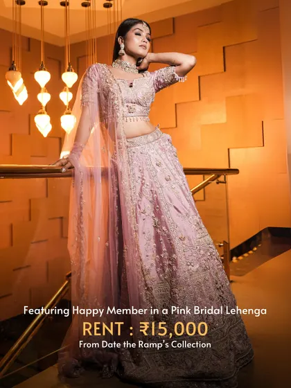 This beautiful pink bridal lehenga is available to rent for just ₹15,000. Get the dream look without the hefty investment.