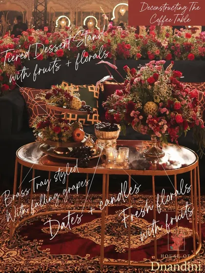 Another take on deconstructing the coffee table, this time incorporating fruits. A tiered dessert stand with grapes and pomegranates, alongside fresh florals, adds a touch of organic abundance and color.