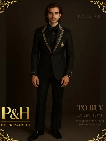 A full-length view of the embroidered black tuxedo, designed for the most formal and high-profile occasions.