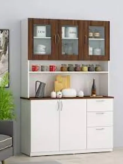 A simple and practical crockery unit with a two-tone wood and white finish. It provides a good balance of display and concealed storage space.