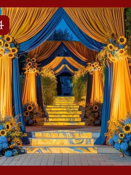 A stunning wedding entrance decorated with drapes of royal blue and sunny yellow, accented with beautiful sunflowers. This grand entryway sets a vibrant and welcoming tone for the celebration.