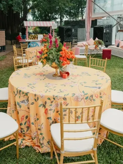 A vibrant and comfortable lounge area for the Mehendi. We paired colorful floral tablecloths with elegant seating and soft drapes to create a space that was both festive and relaxing for guests.