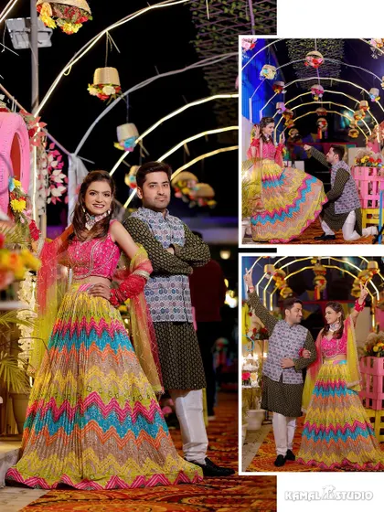 A collage of the couple in their vibrant, multi-colored Mehendi outfits, posing and dancing.