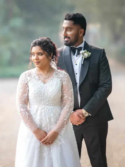 A classic wedding portrait with a natural, relaxed feel. I guide couples into comfortable poses that allow their personalities to shine through.