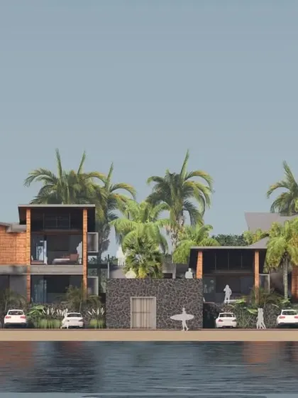 The design for the Hoode retreat explores the relationship between earth, water, and sky, with porous structures that are sensitive to their coastal location.