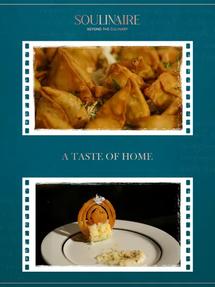 A collage of comfort food, including classic samosas and a deconstructed jalebi dessert. We serve tastes of home that rekindle cherished memories.