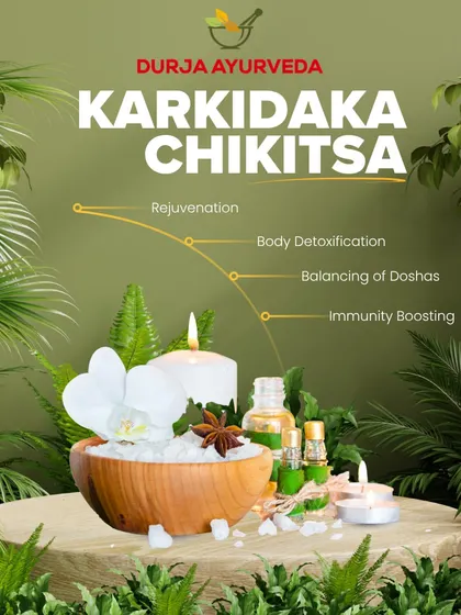 This image illustrates the journey of Karkidaka Chikitsa, from rejuvenation and detoxification to the balancing of doshas and boosting immunity, all leading to a state of complete balance.
