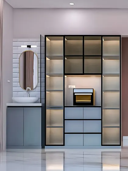 A contemporary crockery unit with a mix of glass-front cabinets with internal lighting and solid drawers. The unit is paired with a matching vanity and sink, perfect for a dining area.