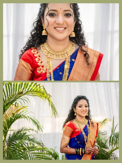 A collage of the bride, showing both a close-up of her happy face and a wider shot in a beautiful garden setting. Her natural beauty shines through.