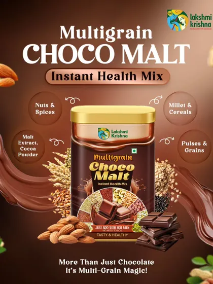 Our Multigrain Choco Malt is more than just a tasty chocolate drink. It's packed with the goodness of millets, cereals, nuts, and pulses, making it a healthy and delicious choice for kids and the whole family.