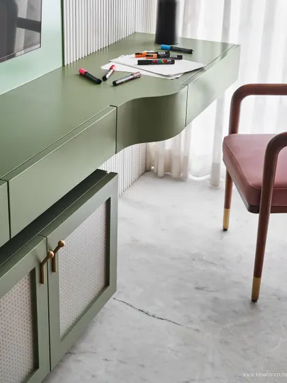 A close-up of the soothing and calming study corner, perfect for creative work or quiet contemplation.