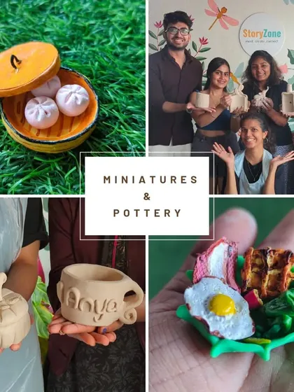 A collage showcasing the delightful results of our miniatures and pottery workshops, from tiny food items to hand-built clay mugs.