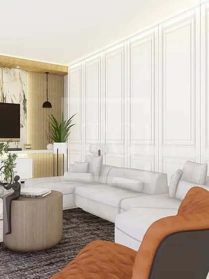 A wireframe and partial render of a living room design. This shows an early stage of our 3D visualization process, where we map out the furniture layout and architectural details before applying final textures.