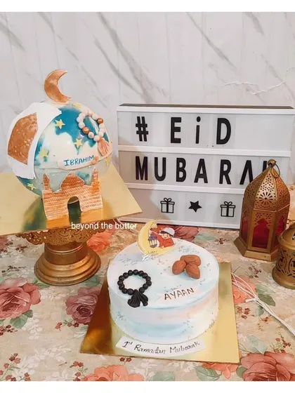 A collection of my Eid and Ramadan cakes, including a spherical pinata cake and a classic round cake.
