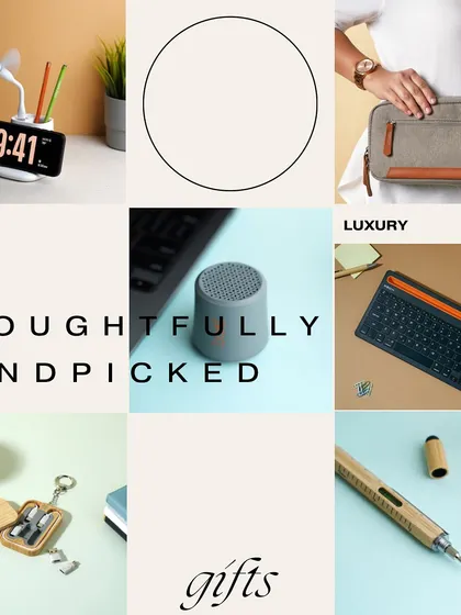 Small gifts, big impressions. This collage shows a variety of thoughtfully handpicked promotional gifts, including a desk fan clock, a travel sling bag, and a multi-tool keychain.