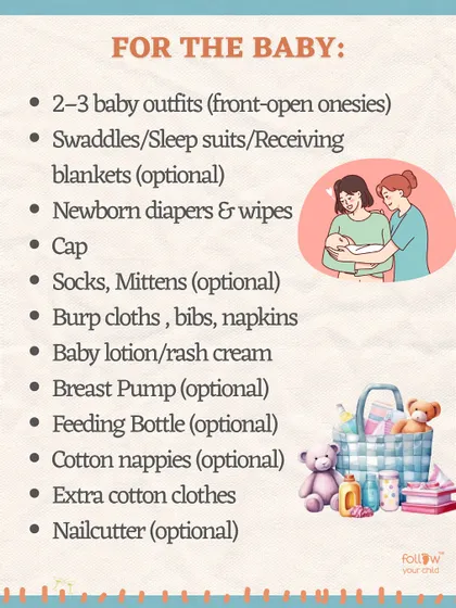 Hospital Bag Checklist: For the baby, I packed front-open onesies, swaddles, newborn diapers, and burp cloths. Optional items like a breast pump can also be helpful.