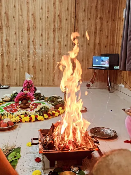 A close-up of the sacred homa fire, a central part of our traditional Vedic ceremonies that we share with our community.