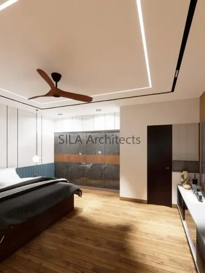 A master bedroom render featuring a mix of textures, including a paneled headboard, wooden flooring, and a stone-finish TV wall. The integrated lighting enhances the room's modern feel.