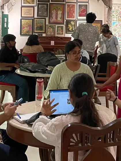 Students collaborating in small groups at Kathika in Old Delhi. The workshop focused on reimagining museums for education and research, using the historic space as a live case study for adaptive reuse.