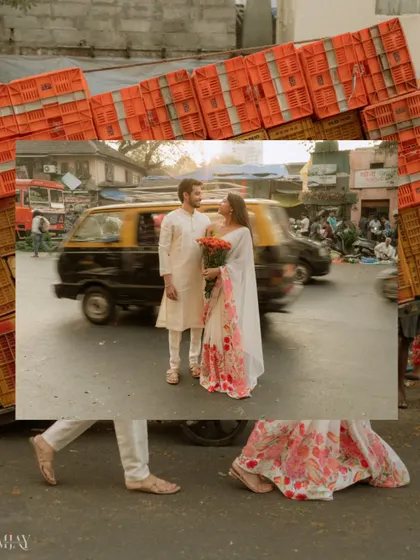 A creative, layered shot from the Dadar flower market series. This edit frames the couple's quiet moment against the motion and energy of the city.