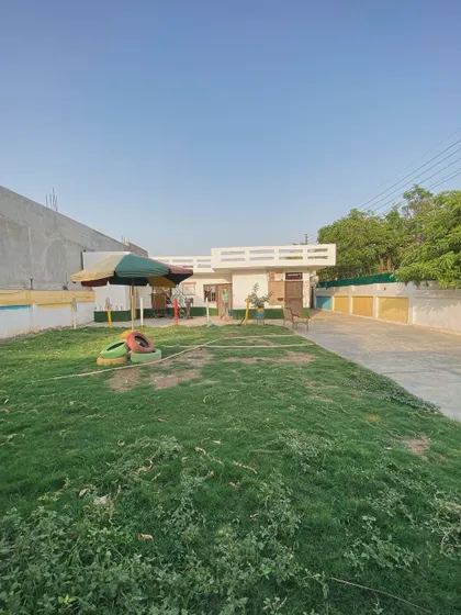 A look at our play area, complete with an umbrella for shade and colorful tires for the dogs to play on.
