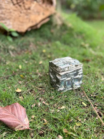 A finished stoneware Kurinuki box, resting in nature. The textures and form are a direct result of the carving process, making each piece entirely unique.