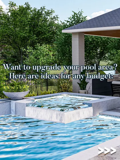 Want to upgrade your pool area? This image showcases a modern pool with an integrated jacuzzi, surrounded by elegant stone decking and planters, offering ideas for any budget.