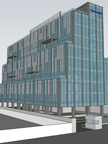 A 3D visualization of the TCI Express World Centre. The facade design incorporates vertical fins and varied glazing patterns, which help control solar gain and contribute to the building's overall energy efficiency.