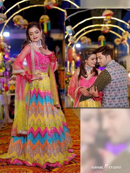 A collage featuring a full-length portrait of the bride in her colorful lehenga and a romantic close-up with the groom.