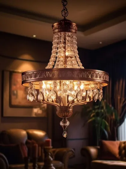 A classic crystal chandelier adds a touch of timeless elegance and grandeur to a traditional living space, creating a warm and inviting glow.