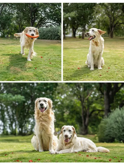 A collage from Ice's tribute session, showing her playing with a frisbee and relaxing with her brother, Gundu. It's a celebration of her life and spirit.
