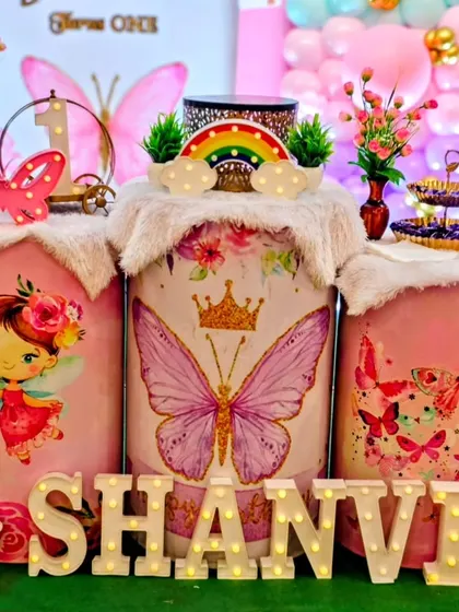 A close-up of the custom-printed pedestals for Shanvi's party.