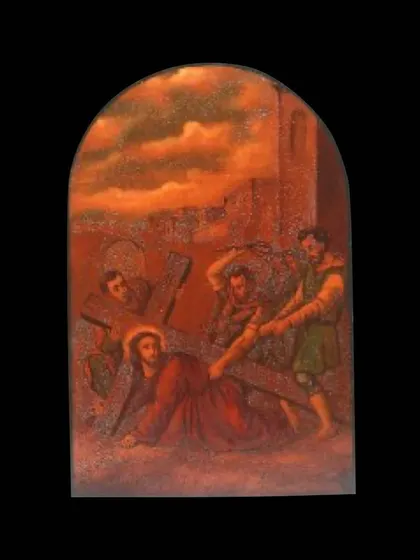 A duplicate of the painting showing Jesus falling. The repetition in the source material highlights the importance of this particular station of the cross in the narrative.
