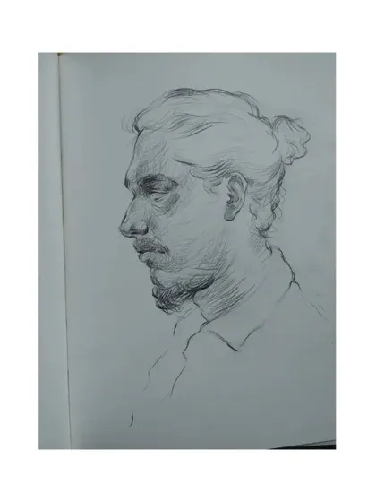 A graphite portrait sketch from my sketchbook, done during a studio session. These quick studies are crucial for capturing likeness and expression.